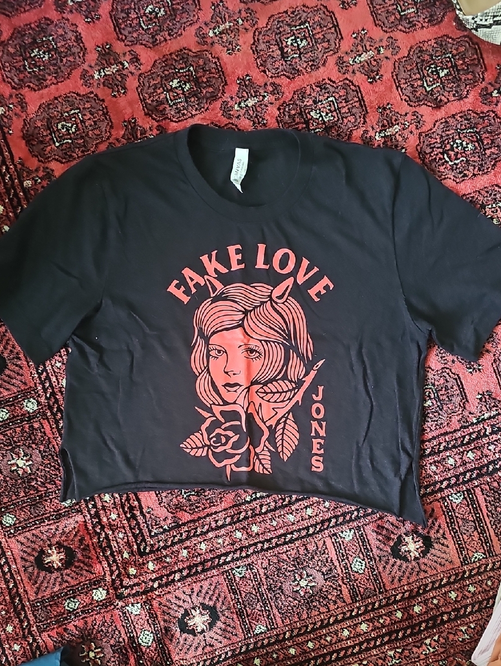 Bella Canvas Black Crop Tee with Red "Fake Love" Graphic